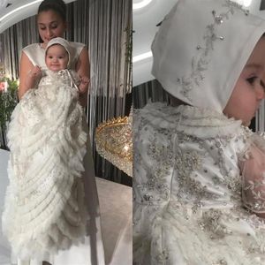 Dubai Crystal Christening Baptism Gowns For Baby Girls Beads Appliqued Tiered Ruffles Bonnet Flower Girls First Communication Dres253C