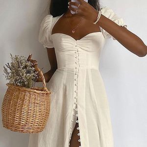 Basic Casual Dresses French Boho Button White Slit Midi Dress for Women Party Vacation Beach Casual Summer Milkmaid Dress Holiday Puff Sleeve DR0007 230719