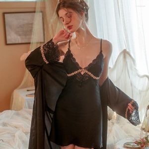 Women's Sleepwear Female Twinset Robe Set Sexy Black Patchwork Lace Chemise Nightgown Kimono Bathrobe Gown Summer Silk Satin Nightdress Home