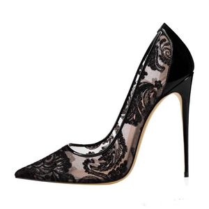 2019 Black Lace High Heel Heal Heel Свадебные туфли для невесты Stilettos Red Bottom Женщины -дизайнерские каблуки указали на ногал 12 см Bridal Sho186W