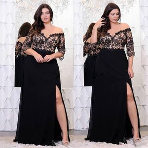 Black Lace Plus Size Prom Dresses With Half Sleeves Off The Shoulder V-Neck Split Side Evening Gowns A-Line Chiffon Formal Dress250l