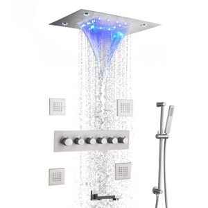Sistema di rubinetti per doccia a pioggia termostatico spazzolato Set miscelatore per bagno Soffione doccia a pioggia a cascata da 14 x 20 pollici montato a soffitto245O