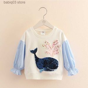 Hoodies Sweatshirts 2022 Frühling Herbst 2 3 4 5 6 7 8 10 Jahre Oansatz Langarm Glitter Cartoon Delphin Farbe Patchwork Baby Kinder Mädchen Sweatshirt T230720