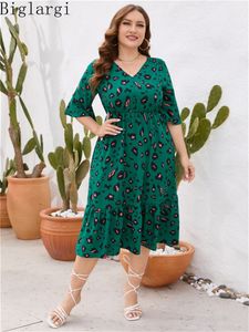 Taglie forti Abiti Taglie forti Estate Vita alta Stampa Abito da donna in cotone Ruffle Casual Abiti da donna allentati da donna Abito da donna longuette verde 230720