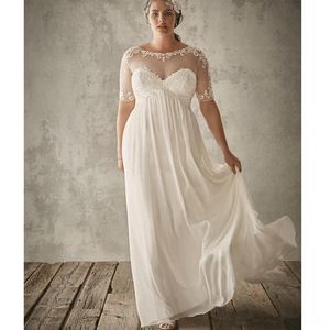 Transparente Brautkleider in Übergröße 2019 Verkauf von neuen U-Ausschnitt-Falten A-Linie Halbarm Empire-Spitze-Chiffon-Strand-Brautkleid von Gow326V