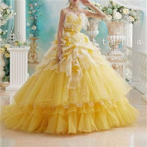 Daffodil Bir Çizgi Gece Elbise 3D Çiçekler Tatlım Özel Yapımı Dantel Tül Prom Elbise Süpürme Tren Prom Quinceanera Elbiseler2210