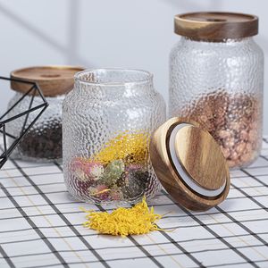 Glass Storage Jar Food Container with Bamboo Wooden Lids Frosted Glass Grain Container Sealed Jar Food Storage Box