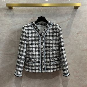 2023 Autumn Black Plaid Print Panelled Tweed Jacket Long Sleeve V-Neck Double Pockets Single-Breasted Jackets Coat Short Outwear Q3Q13CT