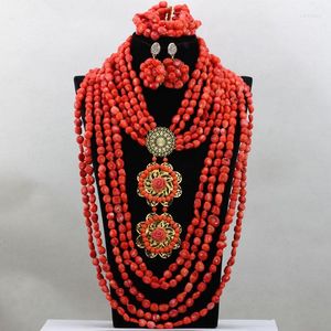 Necklace Earrings Set Exclusive African Nigerian Wedding Coral Beads Jewelry Flower Brooch Pendant Statement CNR511