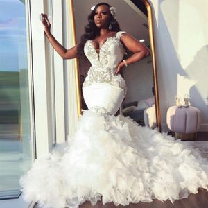 African Mermaid Wedding Dress Sweetheart Ruffle Royal Train Black Bride Dress Beading Formal Bridal Gown Plus Size Pageant244F