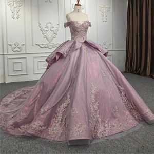 Luxe Lavendel Glanzend Schoudervrij Quinceanera Jurk Baljurk Sweet 16 Jurk Pailletten Applicaties Kralen Lange Sweep Trein Jurken