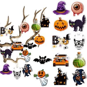 12 Enfeites de Halloween Papel Pendurado Decorações para Árvores Dupla Face Aranhas Morcegos Pingente Sinais Abóbora Bruxa Caveira Fantasma Chapéu Decoração