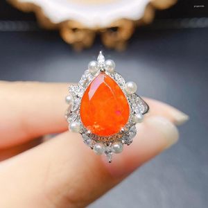 Cluster Rings Pear Cut 9x13mm Natural Orange Fire Opal 925 Silver October Birthstone Promise Engagement Wedding