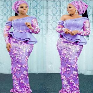 Afrykańskie nigeryjskie sukienki wieczorowe Purple Aso ebi koronkowe style z ramion peplum puflujące długie rękawy sukienki balowe formalne gow274b