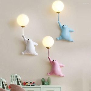 Wall Lamp Modern LED Cartoon Blue White Pink Bear For Children Kids Baby Girl Bedroom Bedside Light With 3D Printing Moon