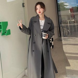 Women's Trench Coats 2023 Temperament Dark Grey Windbreaker Jacket Spring And Autumn Korean Fashion Double Beasted Long Bandage Coat Z801