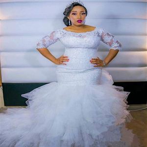 Vestidos de casamento africanos tamanho grande 2019 novo design feito sob encomenda Court Train 3 4 manga longa babados tule renda sereia vestidos de noiva 280F