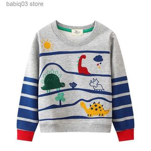 Hoodies Sweatshirts Jumping Metros 2-7T Outono Winter Children's Sweatshirts Dinosaurs Print Striped Cute Boys Hooded Shirts Kids Clothes Tops T230720
