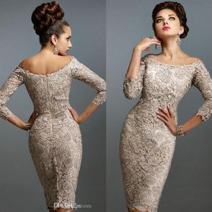 2019 Mor Off Bride Dresses Scoop Full Lace 3 4 Långa ärmar Knälängd Mantel Plus Size Mother of the Bride Dress2509