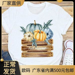 T-shirt top per abbigliamento da donna con stampa di cartoni animati del Ringraziamento di Halloween per il volto delle donne autunnali