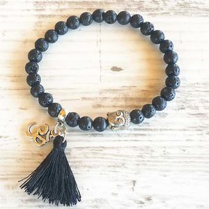 MG0751 Buddha Ohm Beaded Tassel Bracelet Boho Bohemian Peace Tassel 6 mm Black Lava Bracelet Stretch Bracelet288v