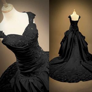 Prawdziwe po czarne gotyckie sukienki ślubne koronkowe aplikacje koraliki Place pociągowe katedralne Drappe Formal Bridal Party Suknie 2015 Custom M334R