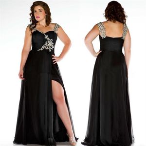 Schwarze Plus -Größe Kleider Abendkleidung Spaghetti Straps Falten Flecken Perlen Chiffon Maxi besondere Anlässe Kleid formelle Party -Promkleider SD227L