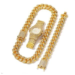 3st Set Men Hip Hop Iced Out Bling Chain Halsband Armband Titta på 20 mm bredd kubanska kedjor halsband Hiphop charm smycken gåvor260o