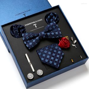 Gravatas borboleta caixa de presente masculina conjunto de gravata moda negócios banquete terno camisa gravata bolso toalha broche conjuntos de caixa de presente de alta qualidade presentes para homens