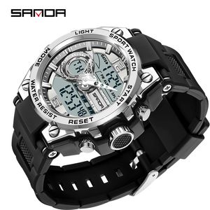 Wristwatches SANDA Brand Digital Watch Led Light 2Time Sport Stopwatch Wristwatch for Man Luxury Countdonw Shockproof Mens with Date 230719