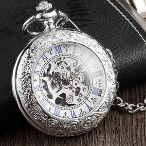 Pocket Watches Antique Full Silver Rostfri Steel Pocket Watch Mechanical Men Steampunk Vintage Hand-Wind Graved FOB Pendant Clock Women 230719