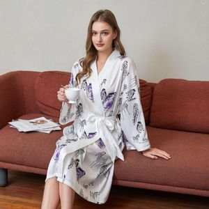 Women's Sleepwear Cool Ice Silk Light Luxury Dressing Gown Women Print Pajamas Comfortable Imitation Long-sleeved Bathrobe Lace-up