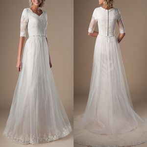 Ivory Champagne Modest Wedding Dresses With Half Sleeves Beaded Belt Lace Tulle LDS Bridal Gowns Sleeved Custom Made Religious Wed2750