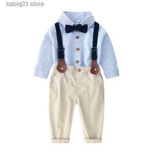 Giyim setleri sıcak onay bebek sonbahar seti çocuk giymek uzun kollu gömlek kayış pantolon iki parçalı çocuk elbise seti T230720