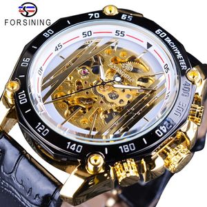 Forsining New Golden Bridge Design Gear Movement Inside Open Work Steampunk Mens Watches Orologio da polso meccanico di lusso delle migliori marche222Y