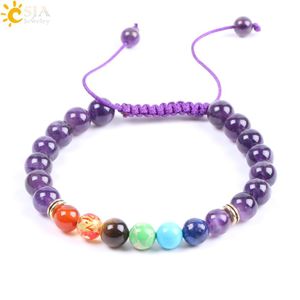 CSJA Amethyst Stone Bracelets Purple kwarc 7 Chakra Kulki ręcznie robione plecione linę Regulowane joga Punkty uzdrawiania BRAC291V