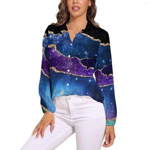 Bluzki damskie złota błyszcząca marmurowa bluzka Purple-Sleeve Purple Teal Print Vintage Woman Streetwear Ogaberia koszule Niestandardowy pomysł na prezent