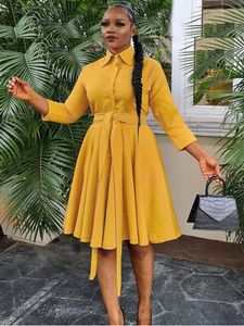 Vestidos casuais femininos uma linha amarelo gola virada para baixo cintura alta na altura do joelho casual elegante senhora escritório vestidos de baile para senhoras