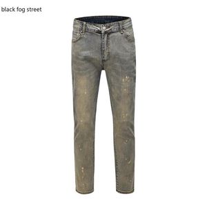 Men's Jeans Black Street K77# Vintage Painted Stretch Cotton Denim Biker Slim Fit Pleated Pants For Motorcycle260g