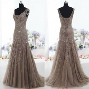 Vintage Mother of the Bride Dresses Mermaid V Neck Applique Beads Tulle Corset Custom Made Formal Evening Gowns227p