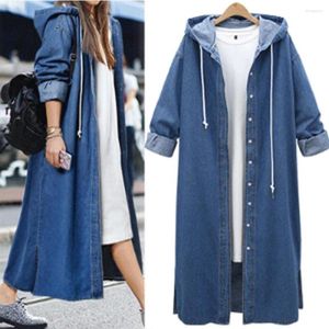 Trench Coats Feminino Primavera Outono Moda Cor Sólida Lace Up Com Capuz Feminino Loose Blue Jeans Casaco Denim Longo High Street Style Cardigã