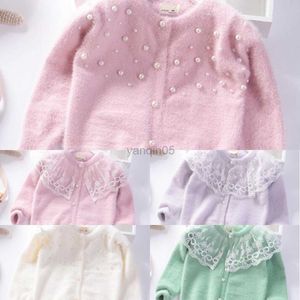 Pullover 2023 Autumn Winter Pearl Solid Warm Girls Sweater Baby Princess Mink Velvet Knit cardigan jacka barn kläder barn kläder hkd230724