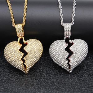 Hip hop Broken Love Heart necklaces Men s Bling Crystal iced out pendant Gold Silver ed and Tennis chain For women Rapper Jew293C