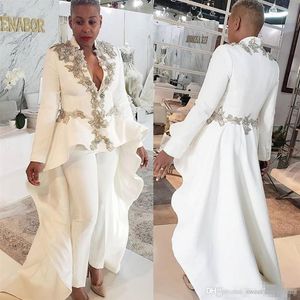 Białe kobiety Jumpsuits Evening Dresess z koraliki z długim rękawem głębokie garnitury na szyję sukienki bal maturalne wykonane przez sucha formalne sukienki imprezowe 299U