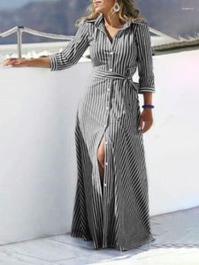 Casual Dresses Women Shirt Dress Boho Elegant Party Long Evening Gown Lace Up Simple Summer Striped Gowns Ladies Chic 2023