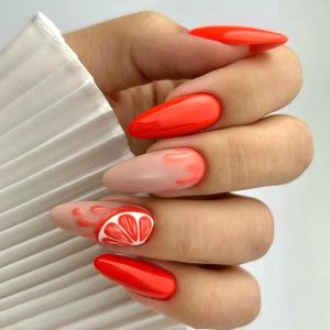 False Nails 24pcs Long Almond French with Flower Pattern Wearable Stileetto Fake Full Cover Nail Tips Press On
