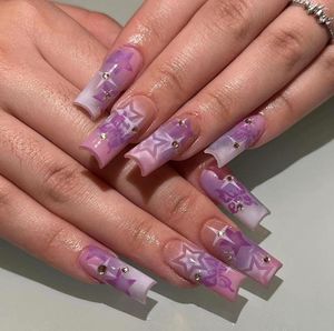False Nails 24st Purple Star French Long Ballerina Coffin Full Cover Nail Löstagbar modedesign Press On Manicure