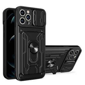 Слайд -крышка камеры дизайн пакетов телефонных мешков для iPhone 15 14 плюс 13 12 11 Pro Max Max KickStand Holder Card Holder XSMAX XR XS X 7 8 Plus Case Croase
