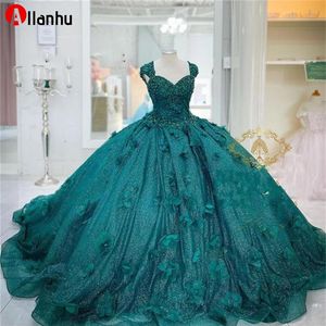 NEW New 3D Flowers Ball Gown Quinceanera Dresses Teal Green Prom Graduation Gowns Lace Up Corset Princess Sweet 15 16 Dress Vesti2294
