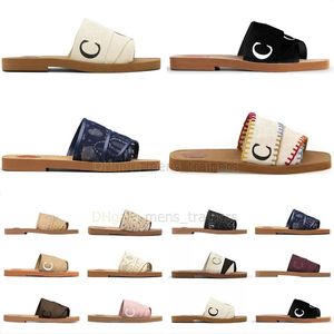 Nyaste märkesvaror Woody Mules Flat Slipper Designer C Lady Bokstäver Tyg utomhusläder Sole Slide Sandaler Storlek 35--42